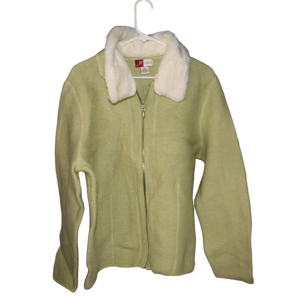 JM Collection Green 100% Wool Full Zip Sweater Jacket Removable Faux Fur Collar - Picture 1 of 8